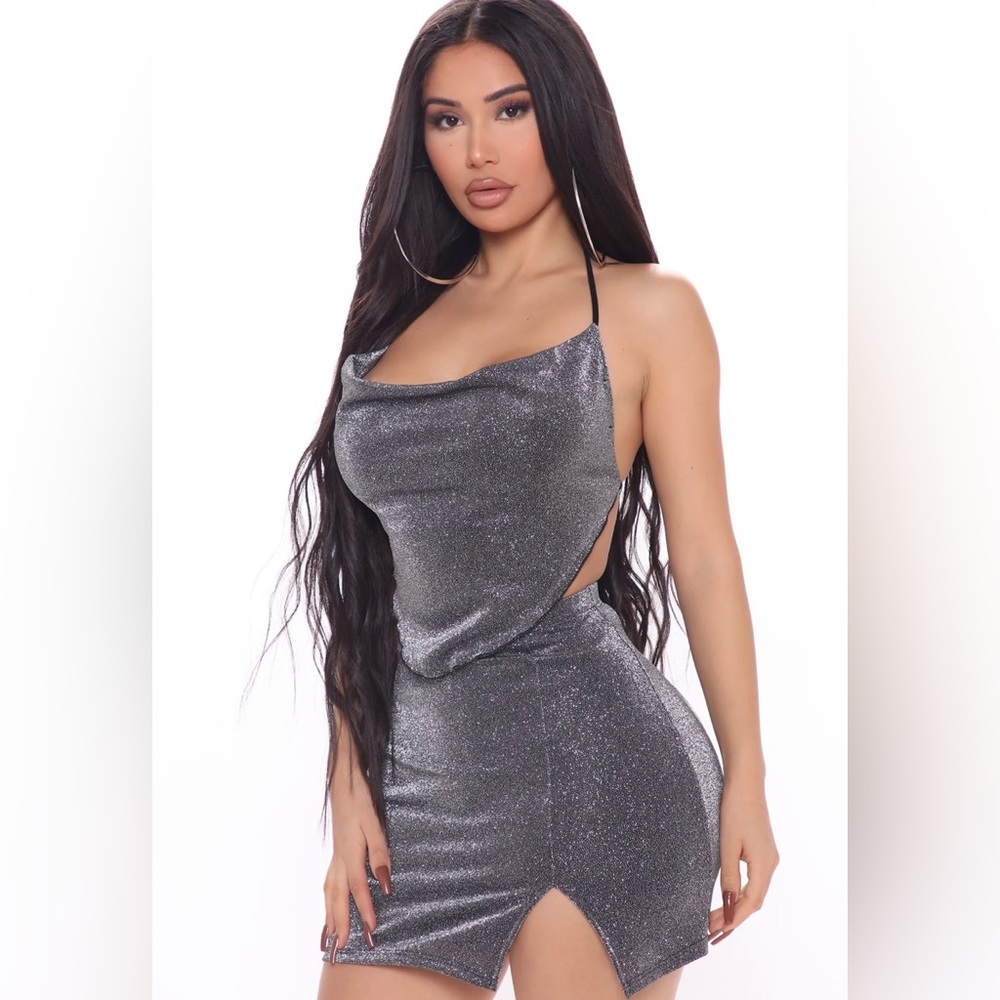 Fashion Nova Glitter Mini Skirt Set, Size L